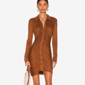 Miou Muse - Long Sleeve, Button Down Dress with Collar - Brown